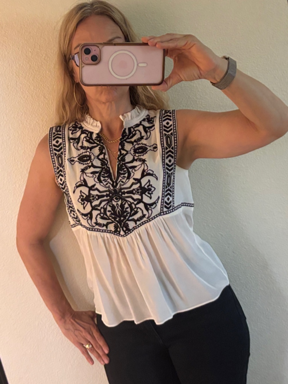 Rebecca Taylor White Sleeveless Top with Black Embroidered Yoke